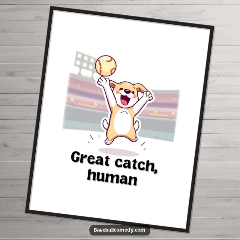 Funny poster print of an energetic dog jumping to catch a home run baseball, showcasing athletic prowess and joy.