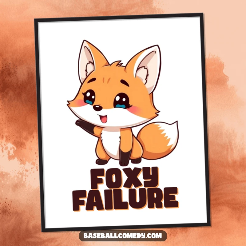 Funny poster art of a silly fox comically striking out in a baseball game, a humorous and relatable piece.