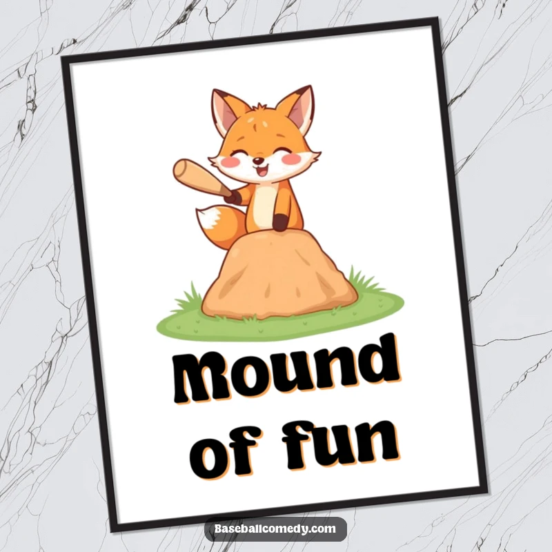 Funny fox poster, happily pitching a baseball from a miniature mound, cheerful sports wall art.
