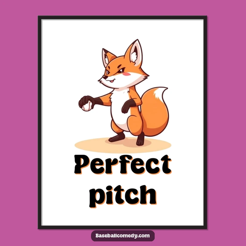 Funny Fox Pitching Poster: Baseball Art Print for Pitchers Gift
