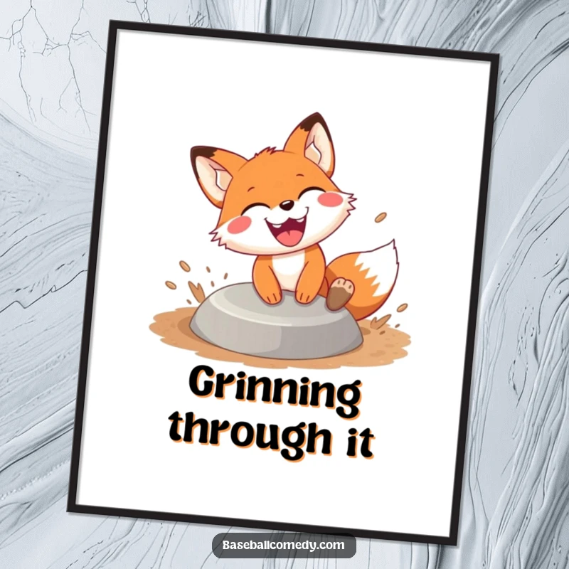 Funny fox sliding poster, a joyful fox slides into base leaving a trail of dirt with a huge grin, perfect for sports enthusiasts.