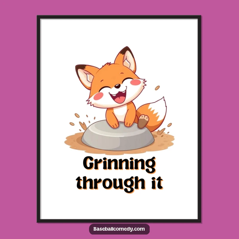 Funny Fox Sliding Poster: Grinning Base Runner, Hilarious Sports Wall Art!