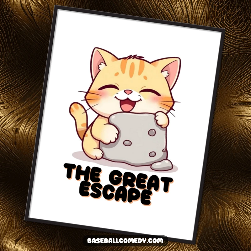 Funny poster showcasing a giggling cat stealing a baseball base with comical stealth and a wide, amused grin.