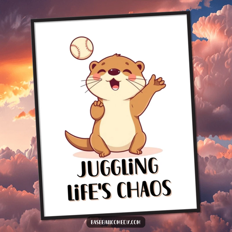 Funny poster featuring a playful cartoon otter energetically juggling several baseballs in the air with a joyful, focused expression.