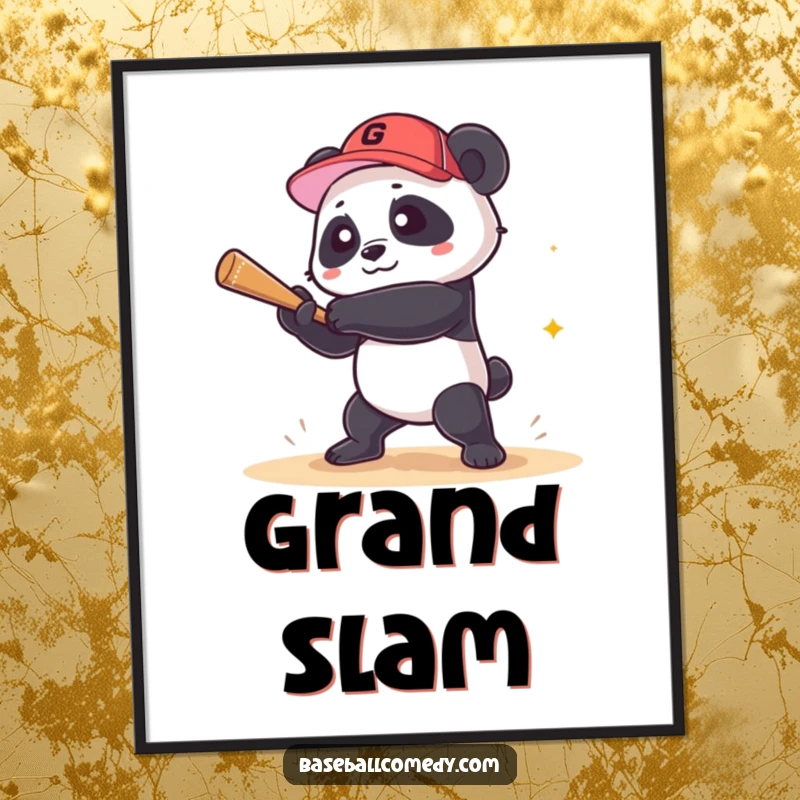 Funny panda poster art of a playful panda hitting a grand slam, adding cute humor and sporty decor to any space.
