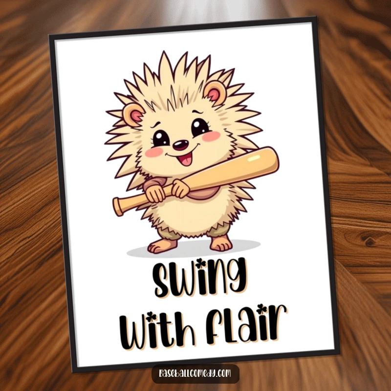 Funny poster print of a cheerful porcupine holding a baseball bat, ready to swing, adding quirky decor.