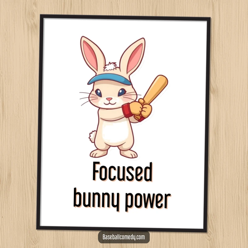 Funny rabbit wearing batting gloves, intense focus, poised to swing a baseball bat, featured as a humorous poster print.