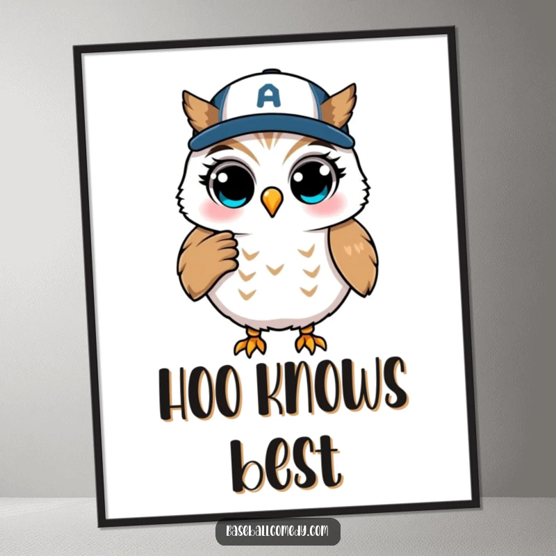 Funny poster of a winking owl coaching from first base during a baseball game, offering comical strategic guidance.