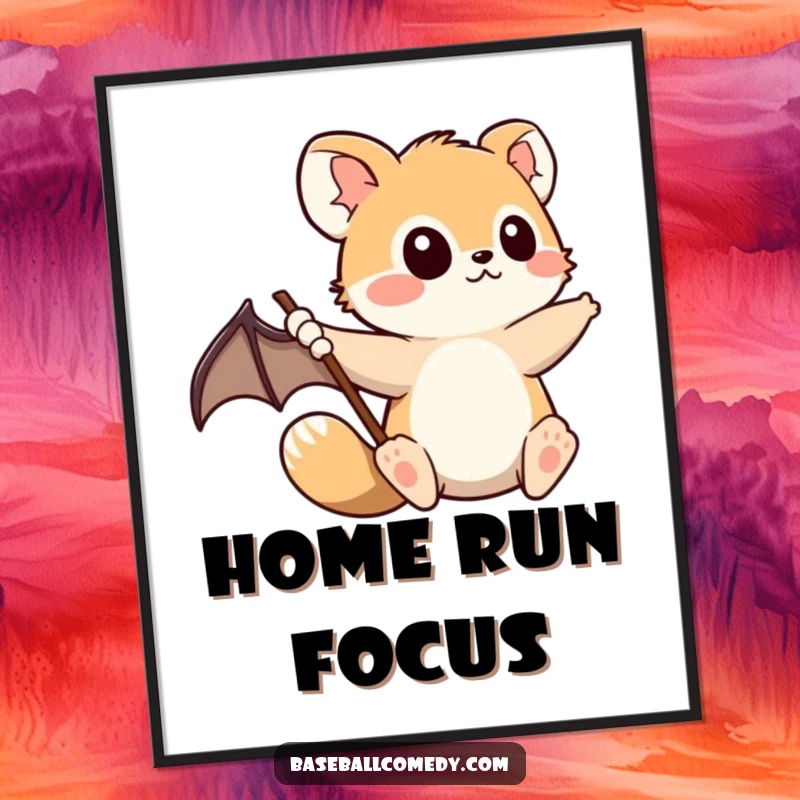 Funny Poster: Cute animal with a baseball bat swinging with intense determination and focus, capturing athletic spirit and humor.