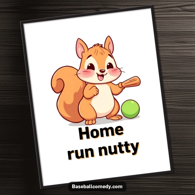 Funny poster featuring a cartoon squirrel in a baseball stance, ready to bat a ball with a tiny, determined look and cheerful vibe.