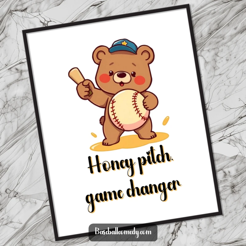 Funny poster: A determined bear pitches a baseball made entirely of honey, an amusing sports illustration for walls.