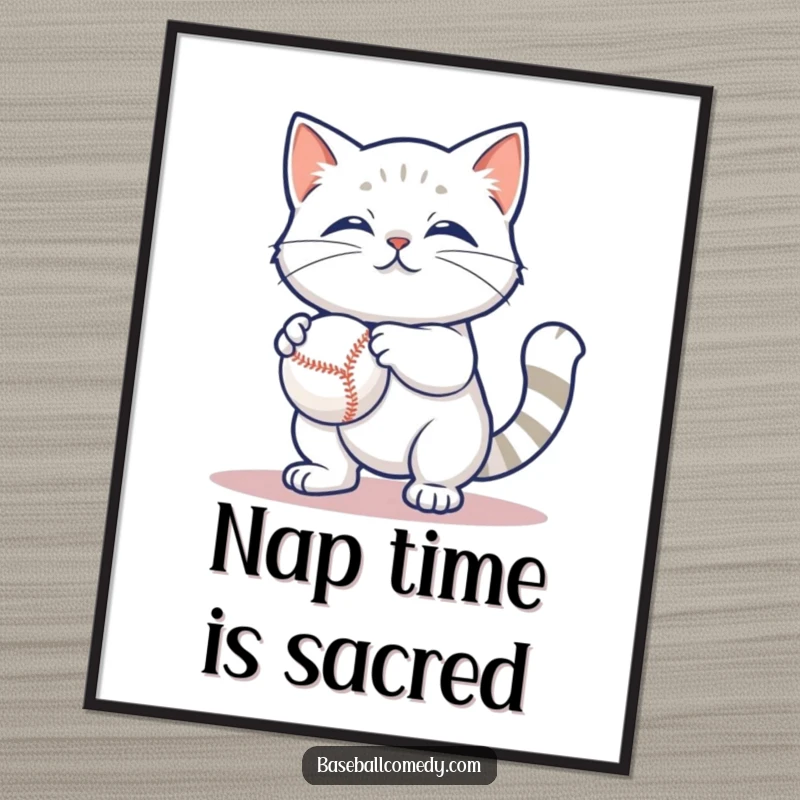 Funny poster art of a content cat playfully batting a baseball, showcasing a humorous and charming feline scene.