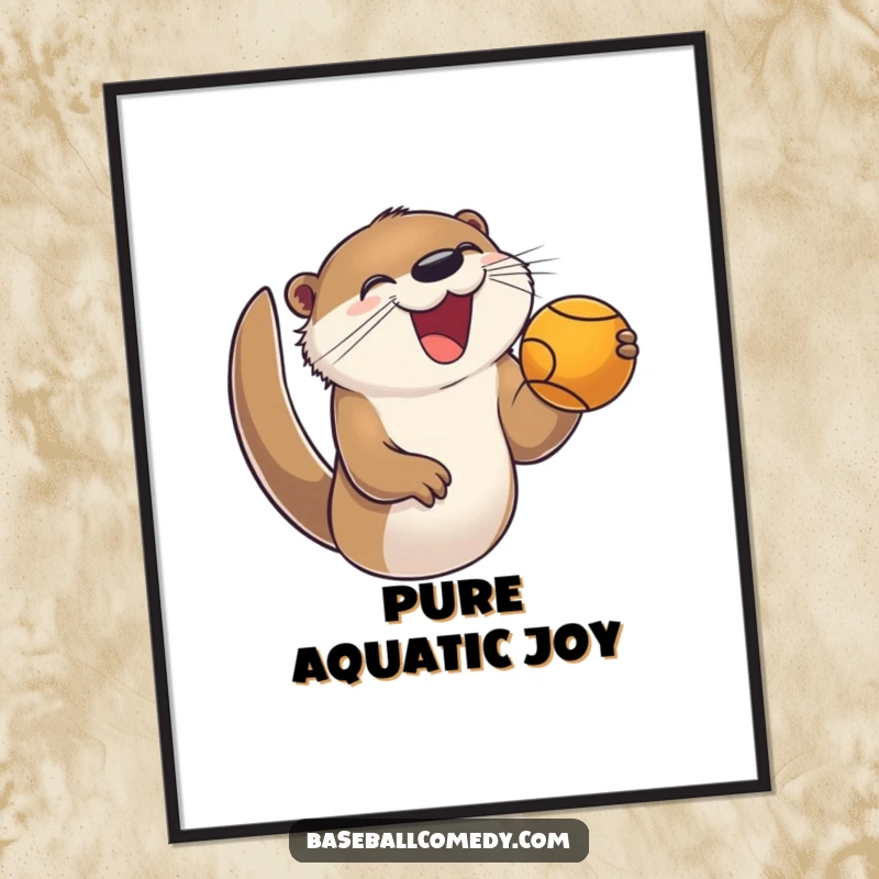 Funny poster art of a joyful otter with great enthusiasm catching a foul ball in a baseball game, lively decor.