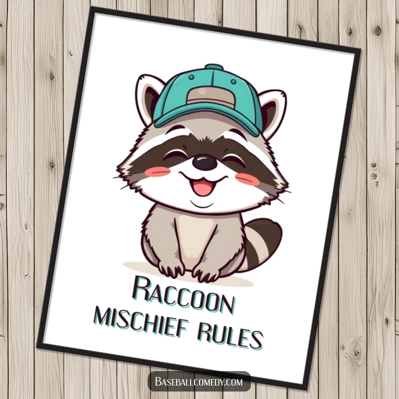 Funny poster print of a giggling raccoon wearing a baseball cap backwards, grinning, adding whimsical decor.