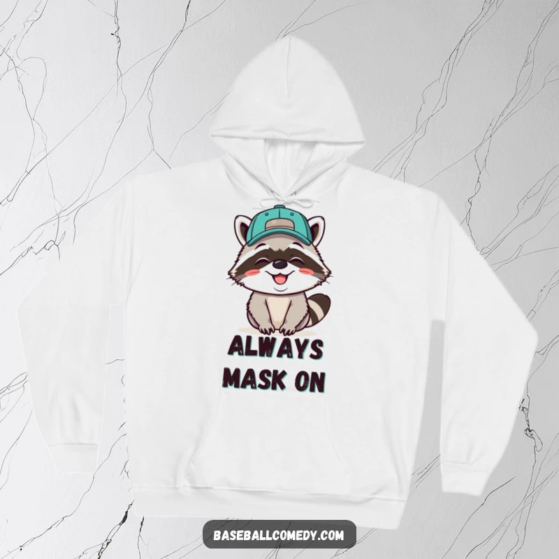 Funny hoodie featuring a giggling raccoon wearing a baseball cap backwards, embodying a playful and grinning spirit.
