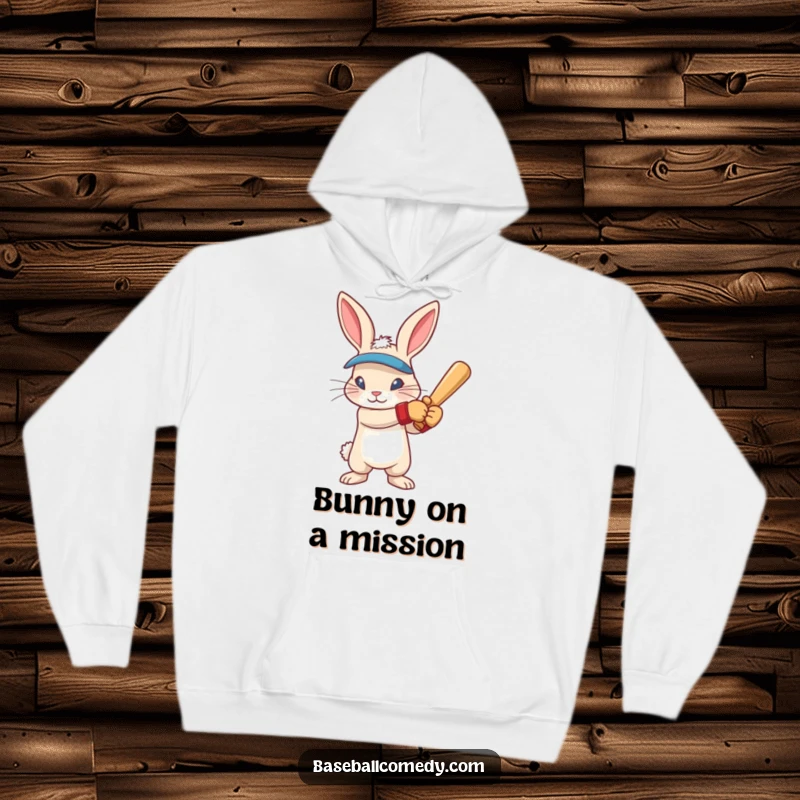 Funny rabbit in batting gloves, intense focus, ready to swing, depicted on a warm and cozy hoodie.
