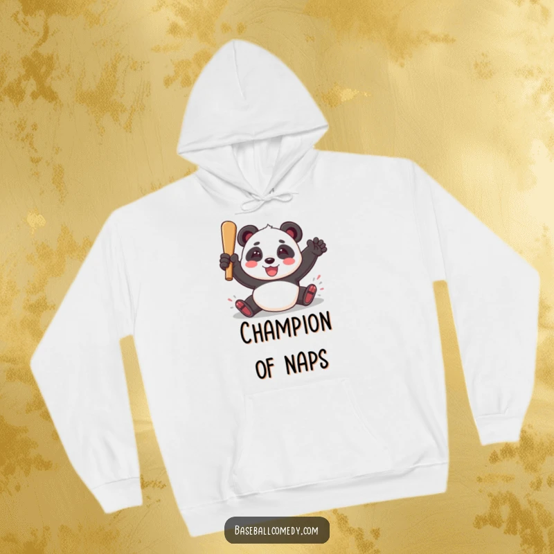 Funny hoodie featuring a playful panda sliding into home plate with a triumphant smile, depicting a successful baseball play.
