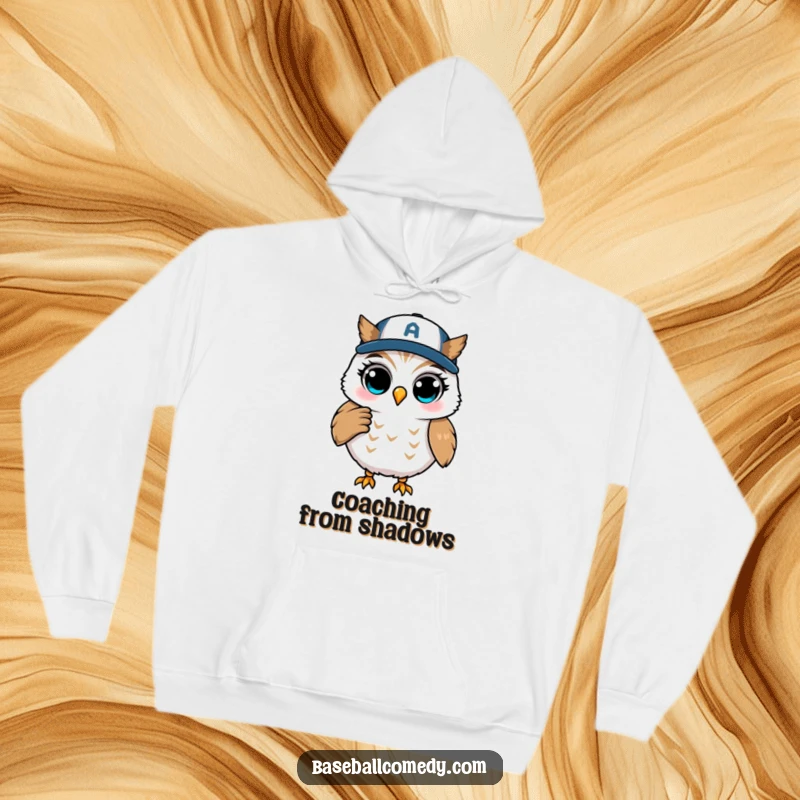 Funny hoodie with a winking owl coaching from first base, symbolizing clever strategy and humorous mentorship.