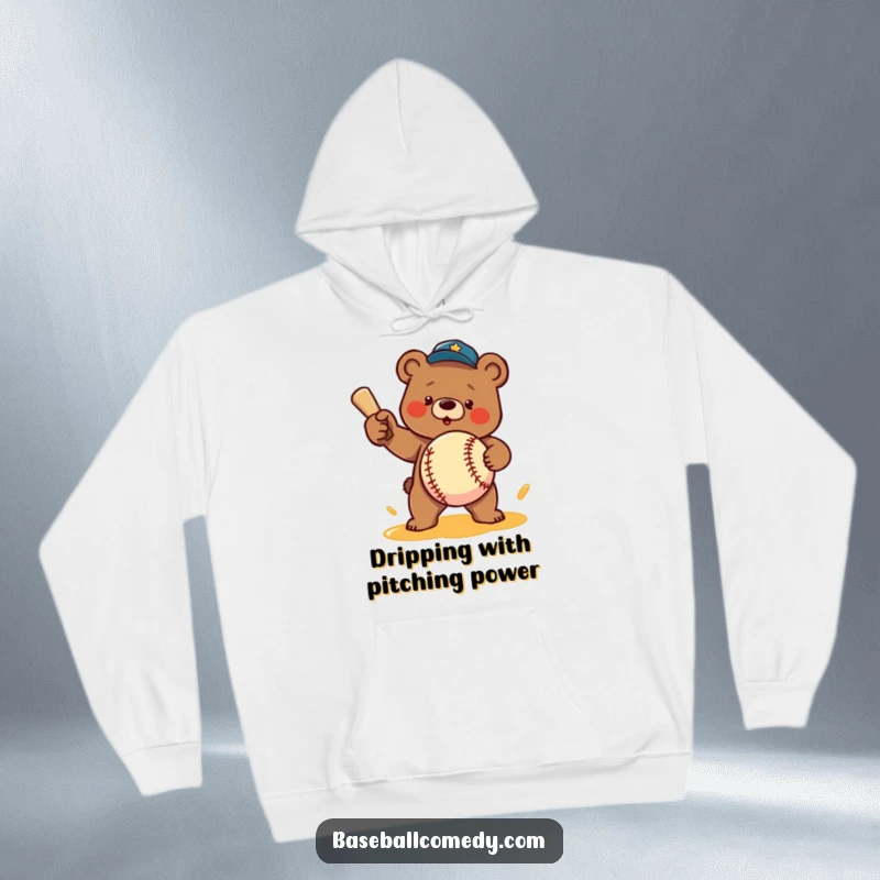 Funny hoodie: A determined bear pitches a baseball made of golden honey, a creative and humorous sports design.