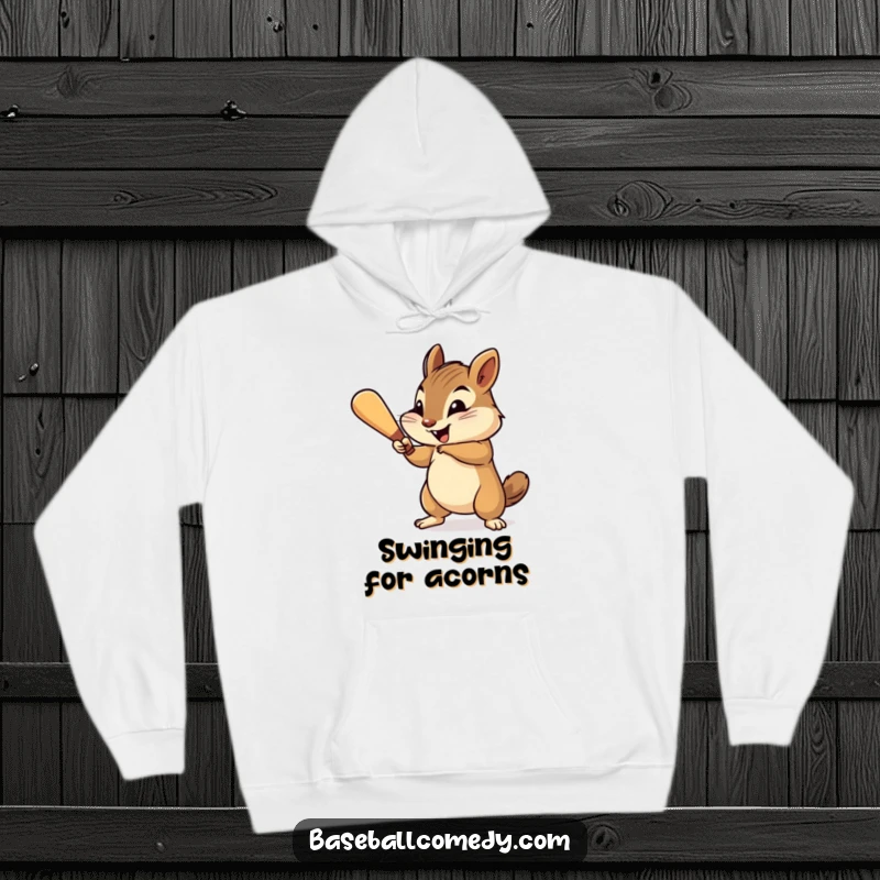 Funny chipmunk hoodie, cheerfully swinging a tiny baseball bat with gusto, ready to hit a home run.
