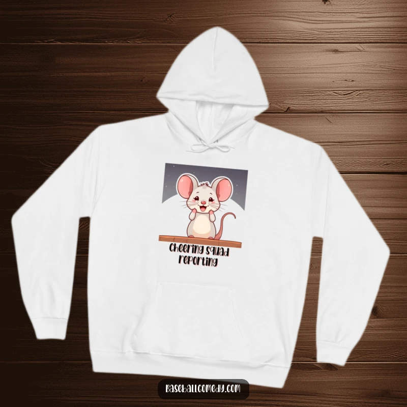 Funny hoodie with a curious mouse cheering loudly from a baseball dugout, symbolizing spirited and comical support.