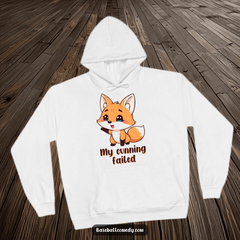 Funny hoodie with a silly fox comically striking out in a baseball game, offering warmth and humor.