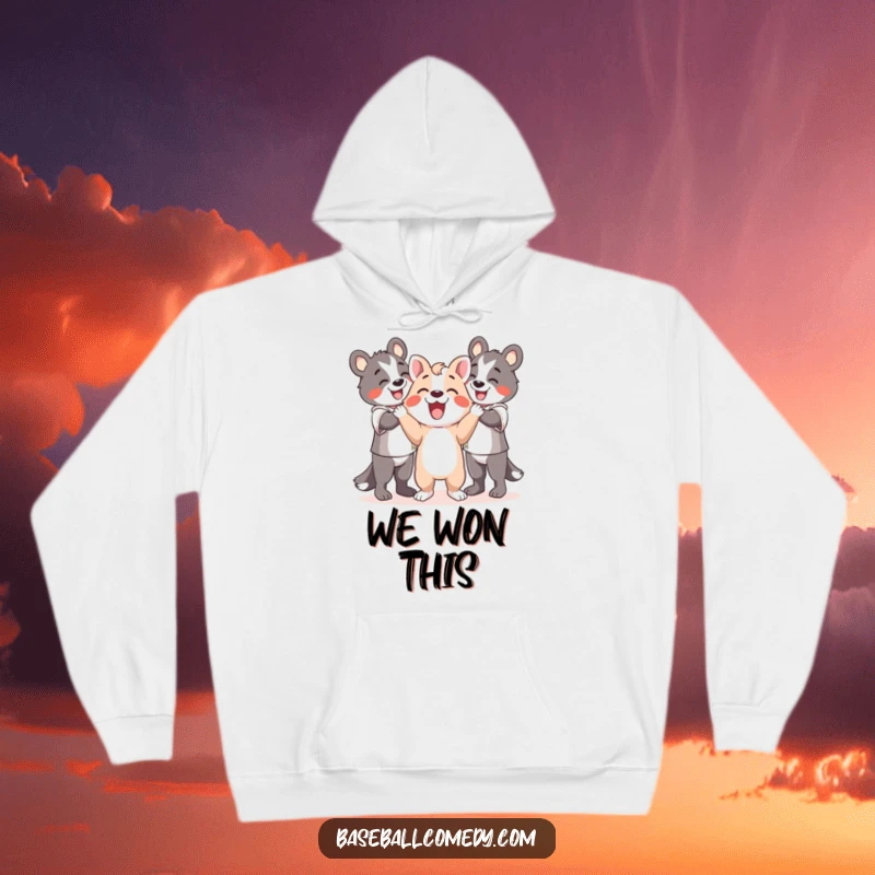 Funny hoodie featuring a happy animal celebrating with teammates, arms raised in victory, embodying teamwork and happiness.