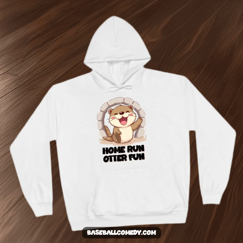 Funny otter hoodie, excitedly sliding into home base with a wide grin, comfortable baseball apparel.