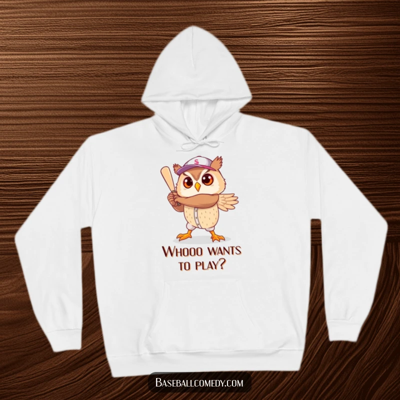 Funny hoodie: A cute owl strikes a heroic baseball player pose, ready to win with feathered flair.