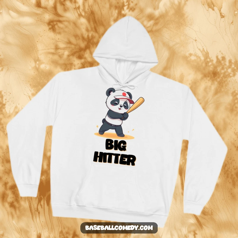 Funny hoodie depicting a playful panda hitting a baseball for a grand slam, perfect for cozy, humorous, and sporty wear.