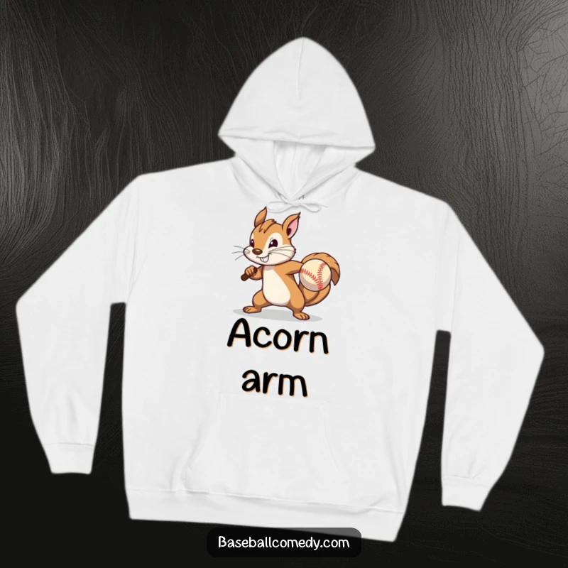 Funny Hoodie: A determined squirrel is illustrated pitching a baseball with great effort, showcasing intense focus.