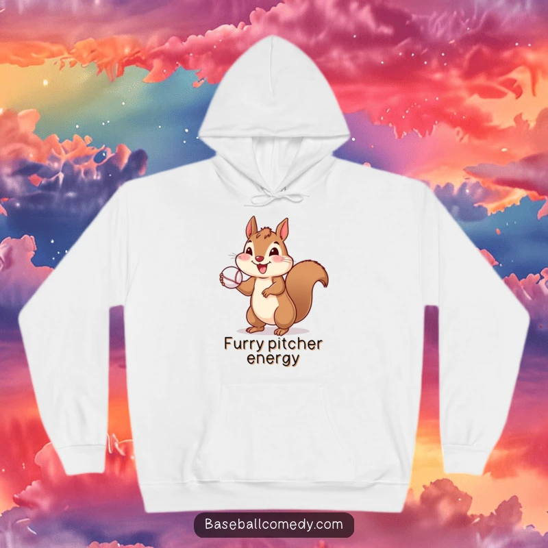 Funny hoodie with a cheerful squirrel tossing a baseball, perfect for staying warm and happy.