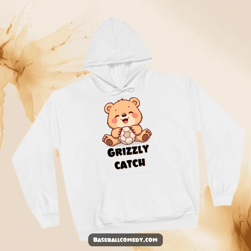 Funny bear hoodie featuring a smiling bear making a fantastic catch with its paws, perfect for sports fans seeking humor.