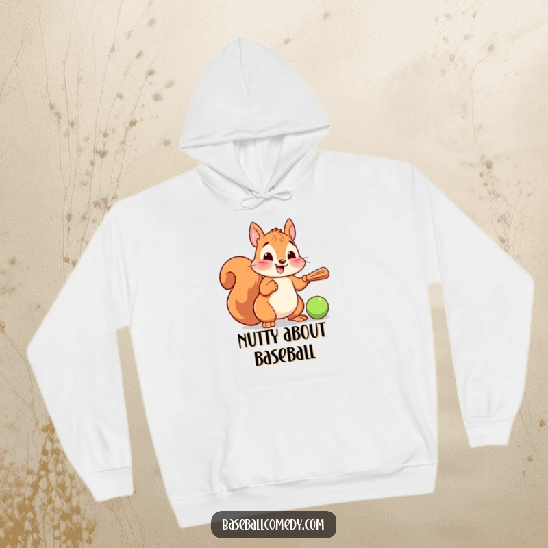 Funny hoodie showcasing a cartoon squirrel dressed as a baseball player, swinging a miniature bat with a joyful expression, ready to play.