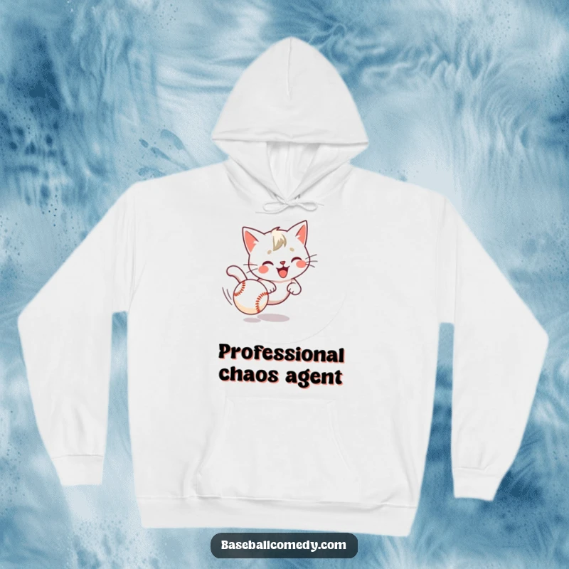 Funny cat hoodie showing a playful kitten hilariously chasing a runaway baseball, perfect for cozy, comical wear.