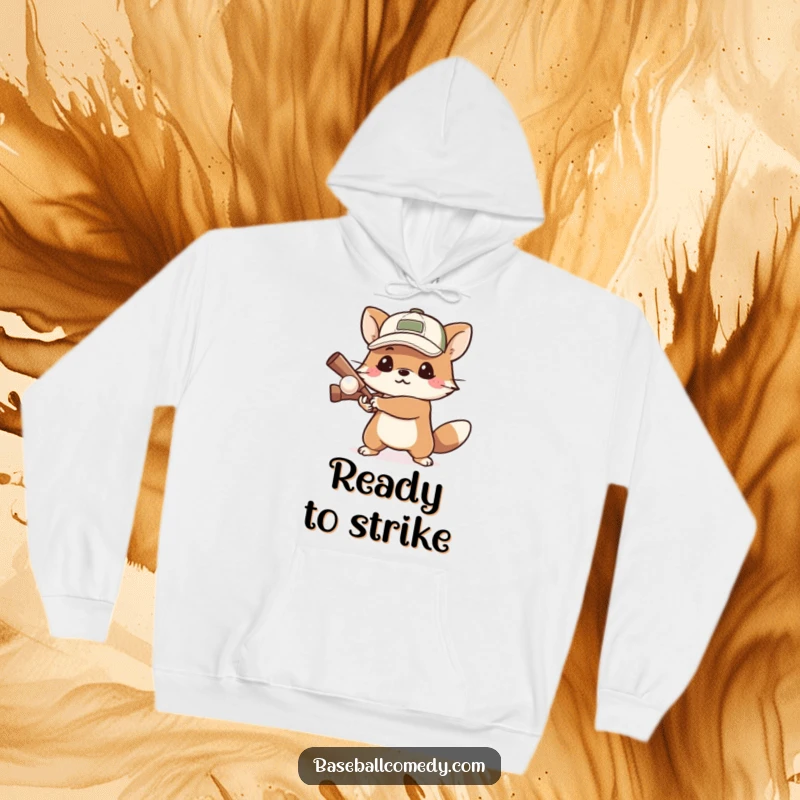 Funny hoodie displaying a determined animal in a cap, focused on batting a small ball, embodying concentration and skill.