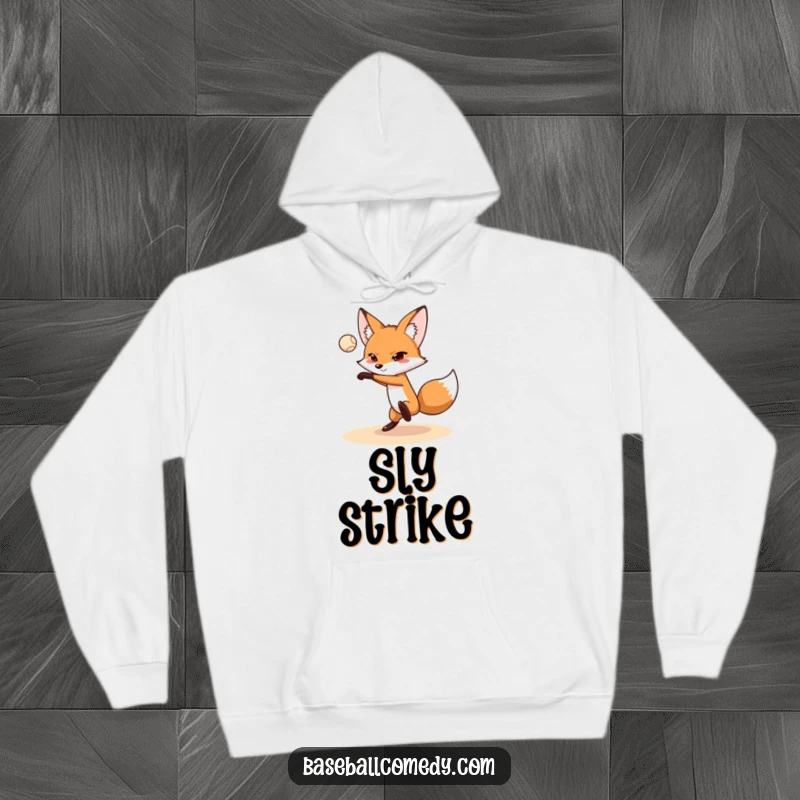 Funny fox hoodie featuring a determined fox pitching a baseball, offering warm humor for sports fans and a great funny gift.