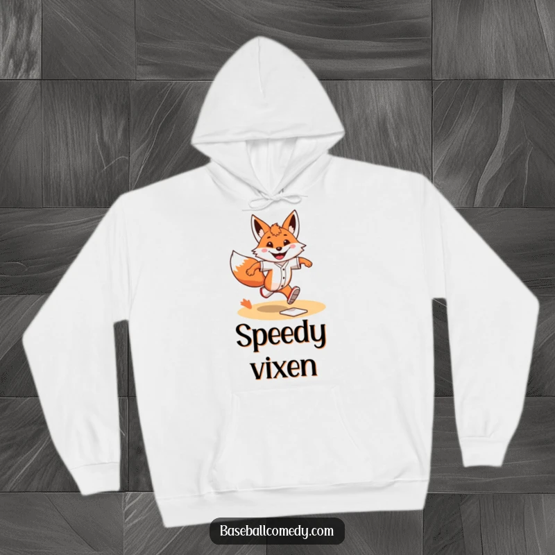 Funny Hoodie: A grinning fox is shown sprinting determinedly around baseball bases, perfect for active individuals.