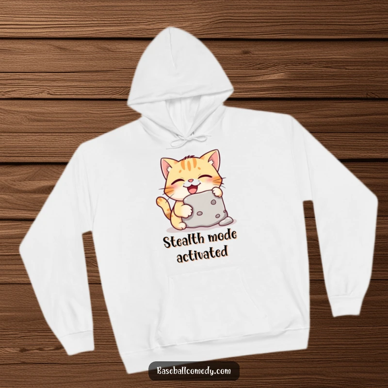 Funny hoodie displaying a giggling cat focused on stealing a base, capturing a moment of stealthy, humorous triumph.