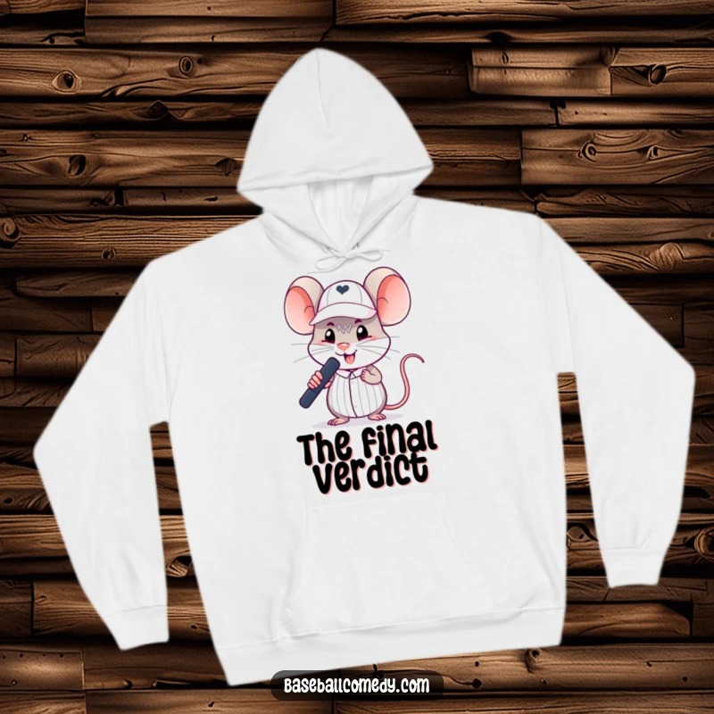 Funny mouse umpire hoodie featuring a silly rodent in a small umpire cap, making an official call with humor.