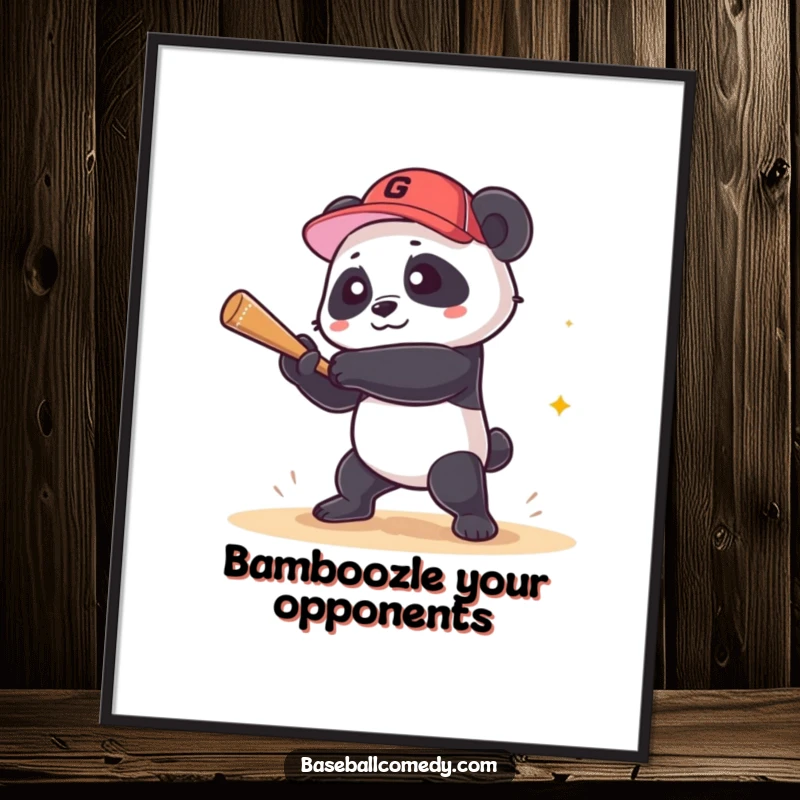 Funny Free Printable Wall Art: A panda joyfully swinging a bat and hitting a grand slam baseball.