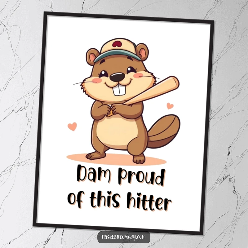 Funny Free Printable Wall Art: Brave beaver hitting a home run with a huge smile, sporty downloadable art for fans.