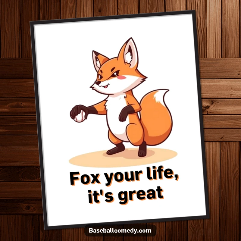Funny Free Printable Wall Art: An athletic fox in a classic pitching pose, ready to unload a perfect throw.