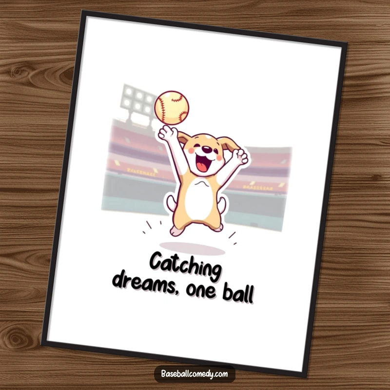 Funny Free Printable Jumping Dog Catching Home Run Ball Wall Art, full of action, downloadable decor.