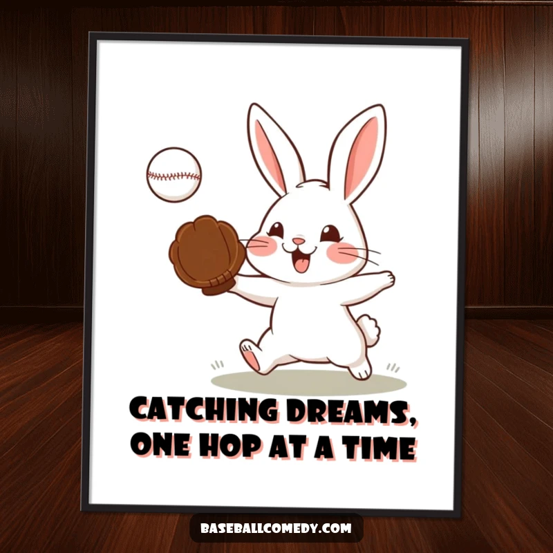 Funny Free Printable Wall Art: A determined rabbit wearing a baseball glove catches a baseball with intense focus.