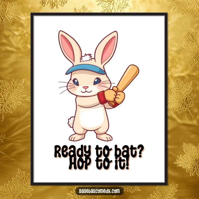 Funny Free Printable Wall Art: Rabbit in batting gloves, intense focus, ready to swing, dynamic baseball illustration.