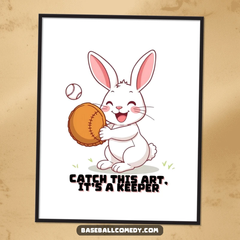 Funny Free Printable Wall Art: A joyful rabbit with an oversized mitt, catching a baseball, adding whimsical humor.