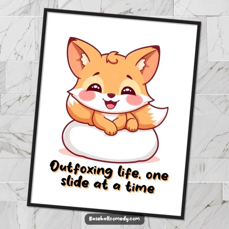 Funny Free Printable Wall Art: A giggling fox slides into a baseball base with a huge, happy smile.