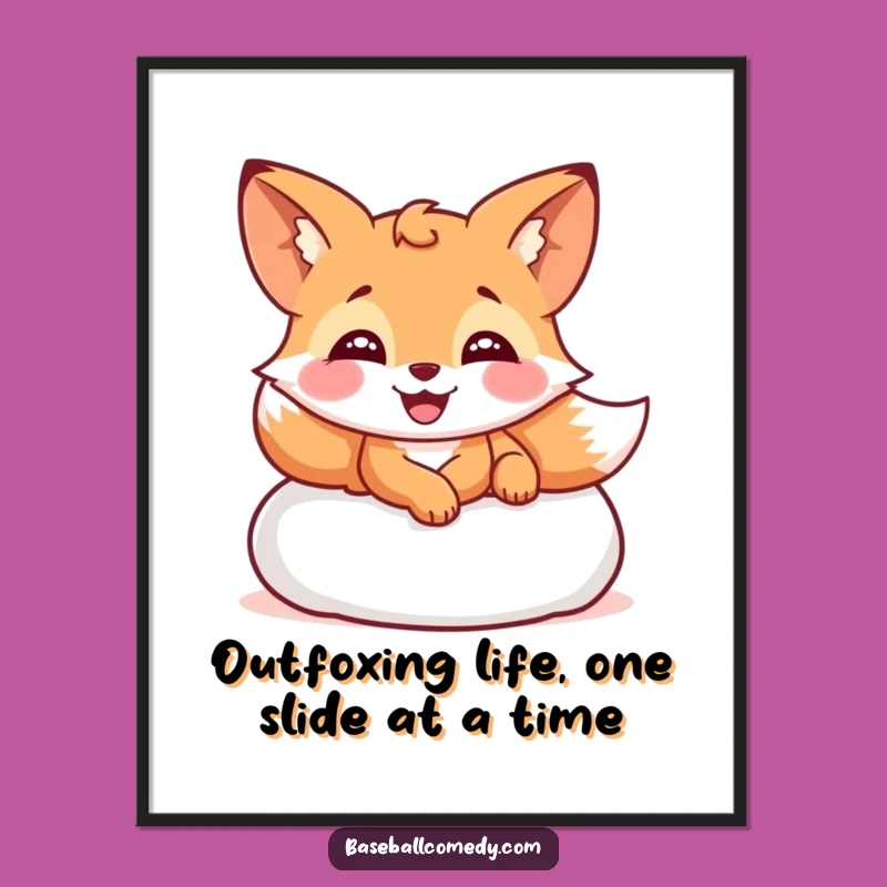 Free Printable Wall Art: Giggling Fox Sliding into Base - Funny Downloadable Art