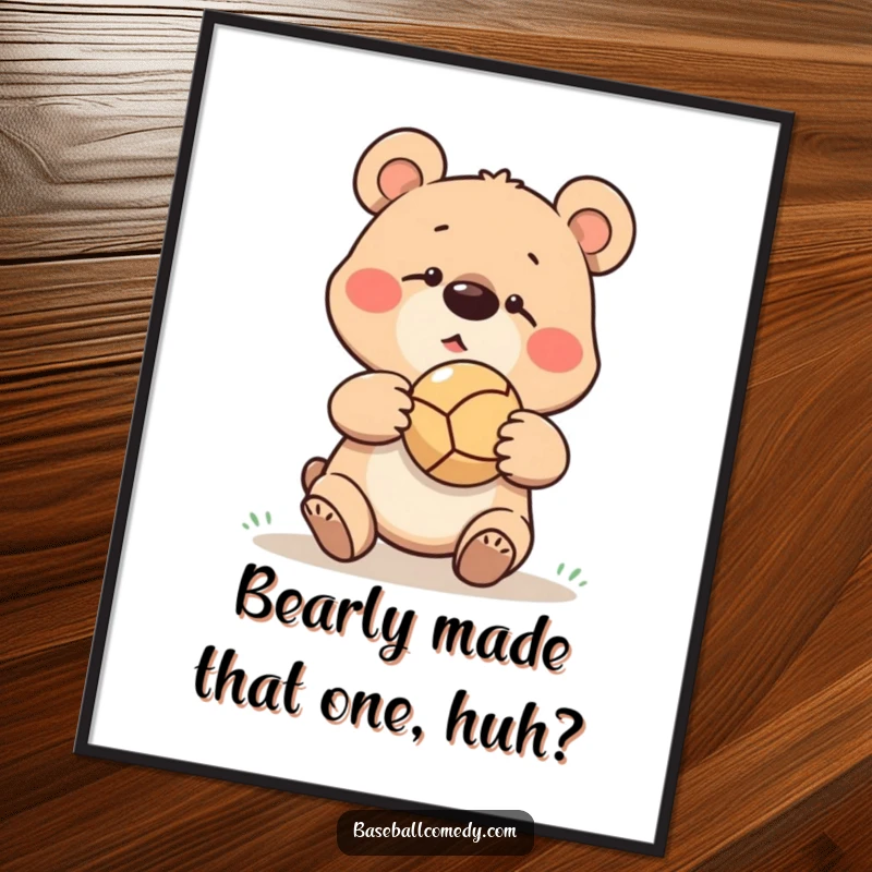 Funny Free Printable Wall Art: Goofy bear missing baseball catch, ball bouncing off nose, humorous animal sports illustration.